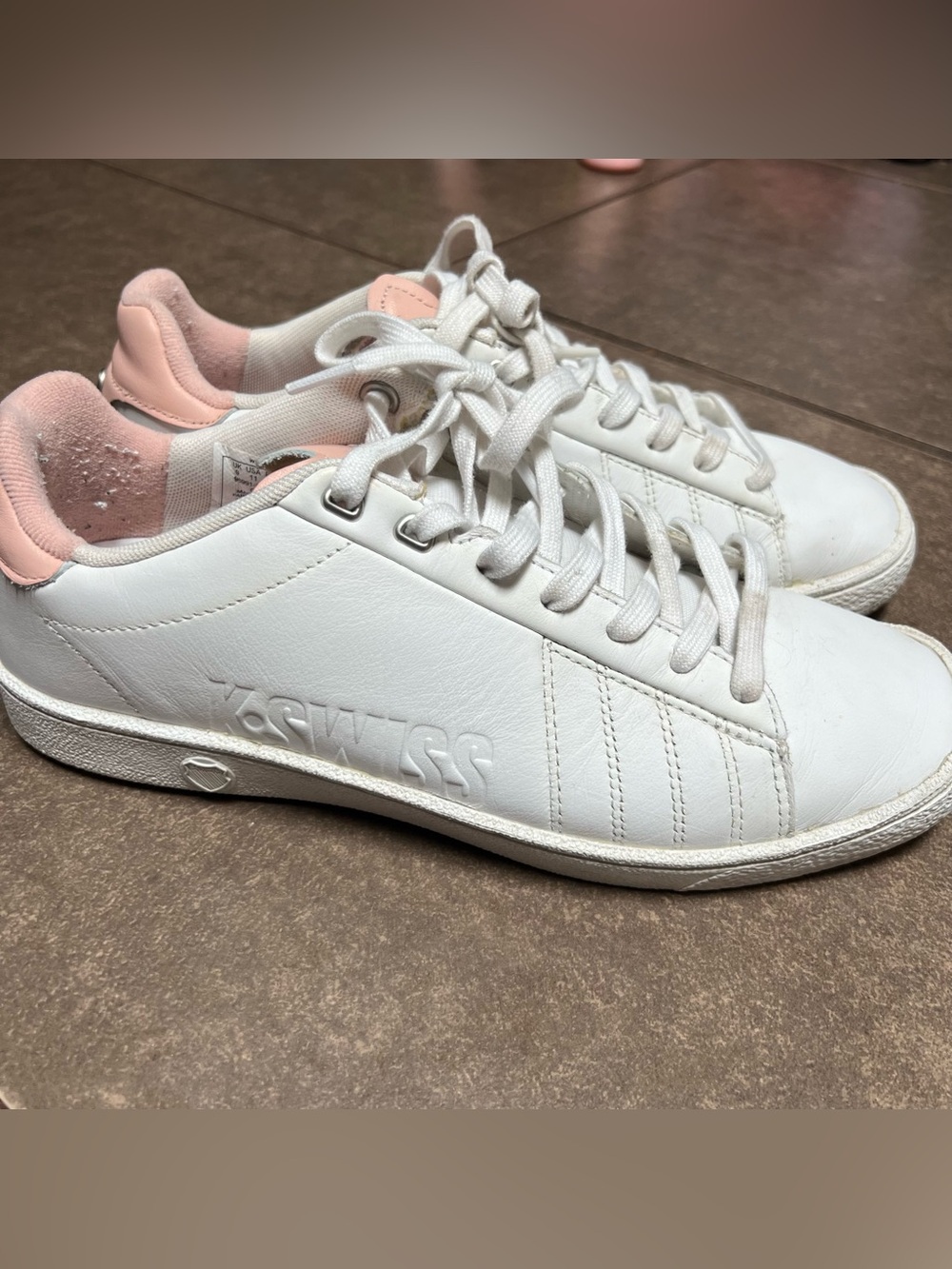 K-Swiss White Sneakers with Light Pink Heel Accents US 11 UK 9